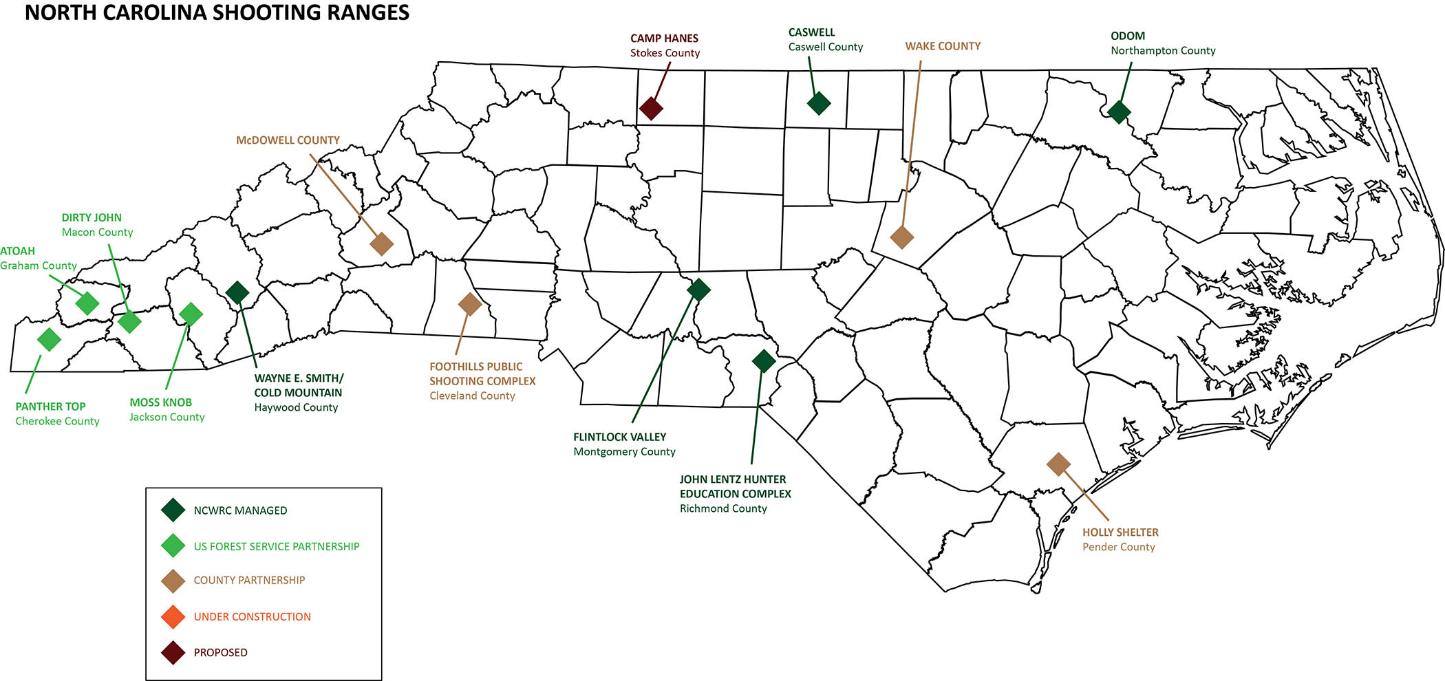 Map of North Carolina Showing Shooting Ranges by County