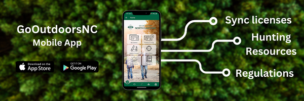 A phone is pictured with the mobile app visible on its screen and text listing the following features: sync licenses, hunting resources, regulations.