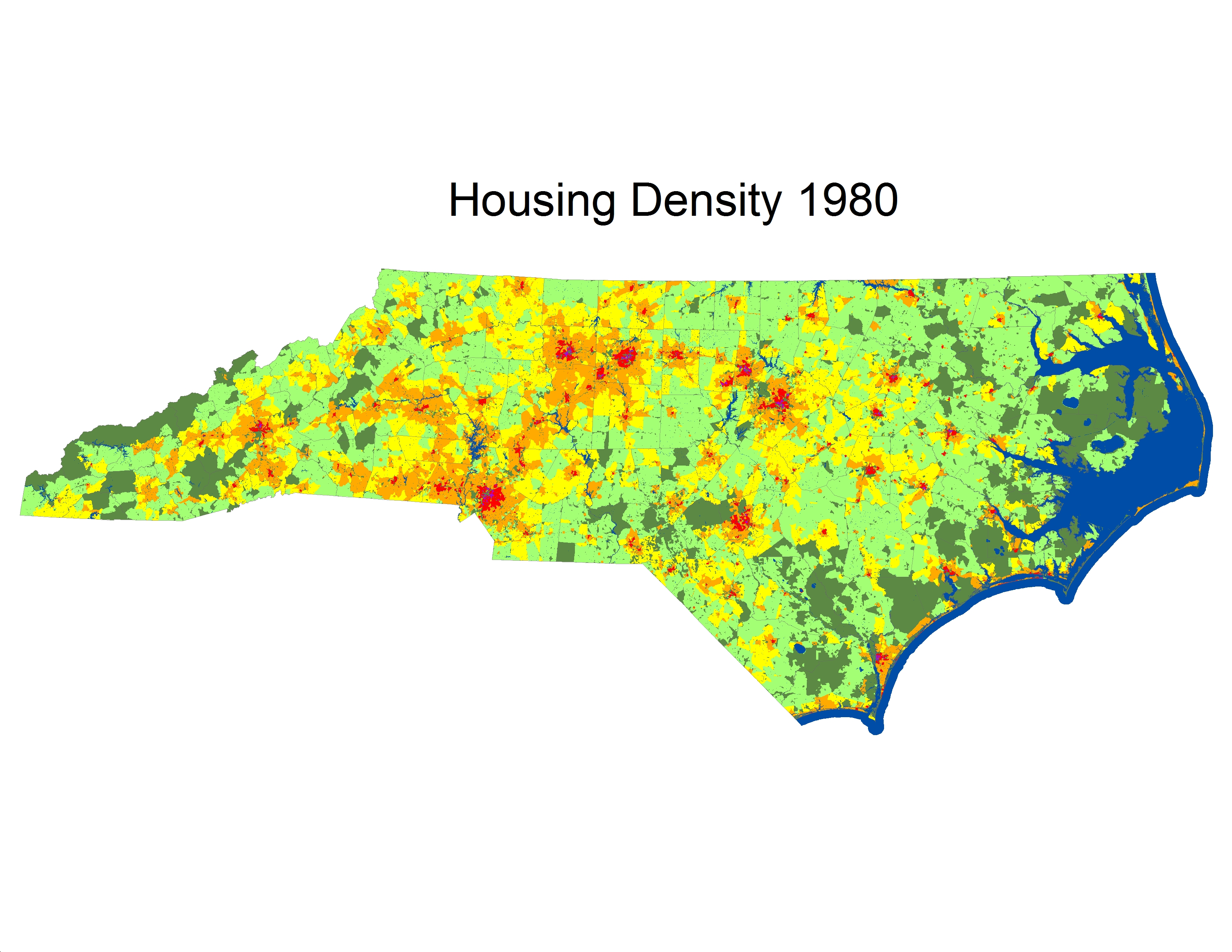 Housing density in North Carolina in 1980 was much lower in rural areas.