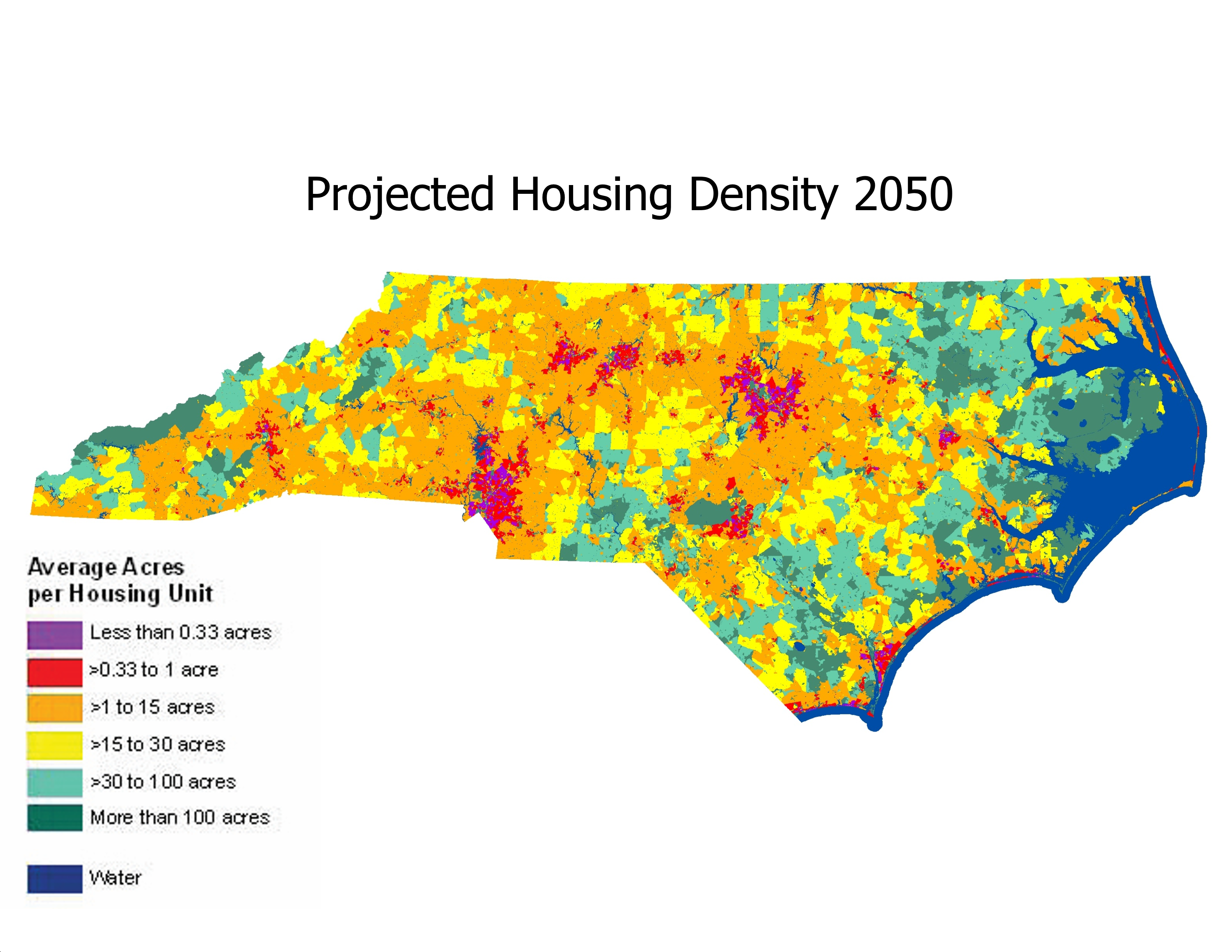 Projected housing density in North Carolina in 2050 shows we expect suburban areas to spread into most rural areas by 2050, if current spread-out patterns of development continue.